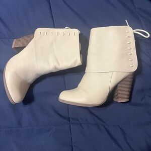 Tan lace and zip booties